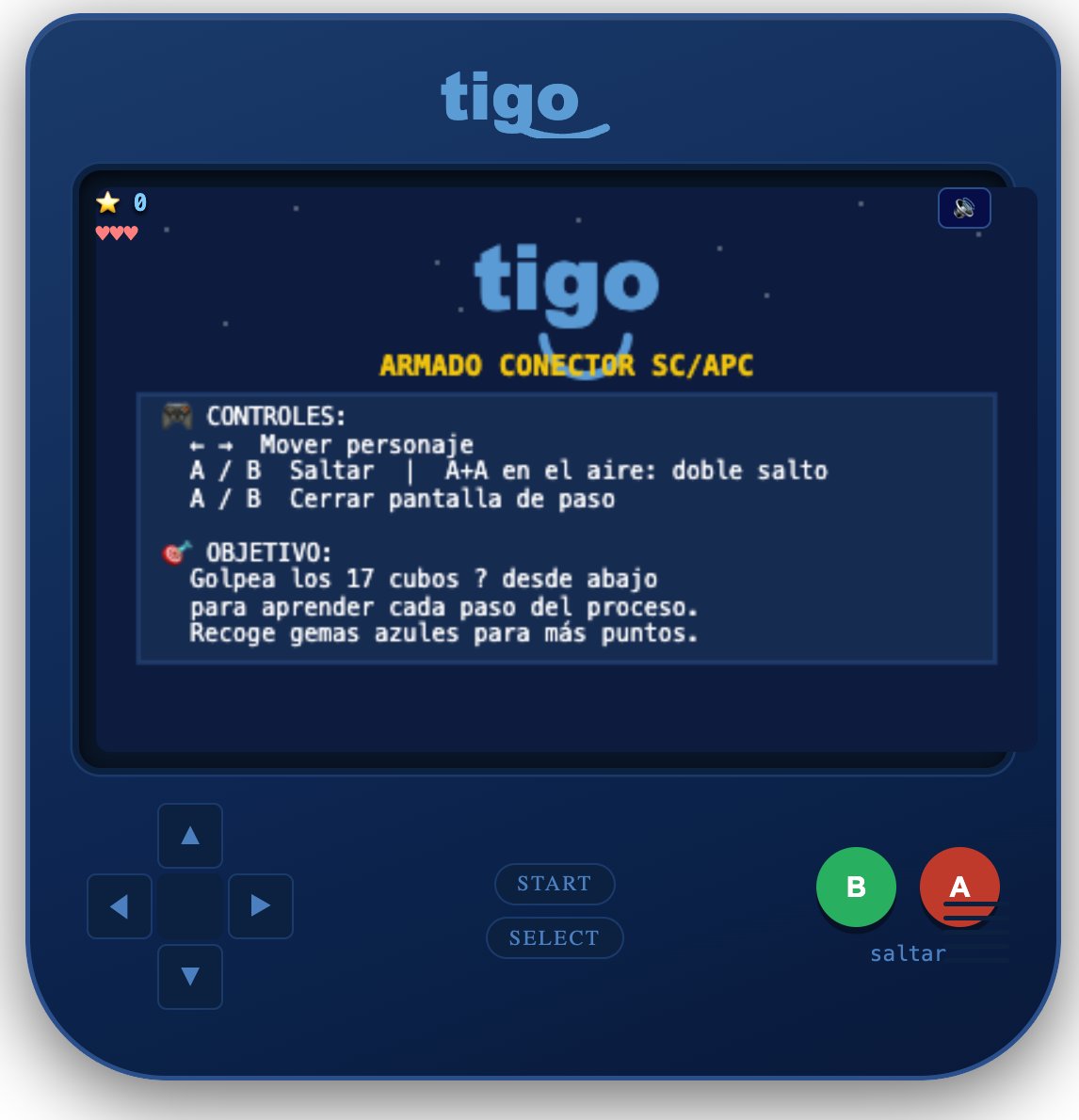 Pantalla de inicio del juego educativo tipo consola GameBoy con branding Tigo